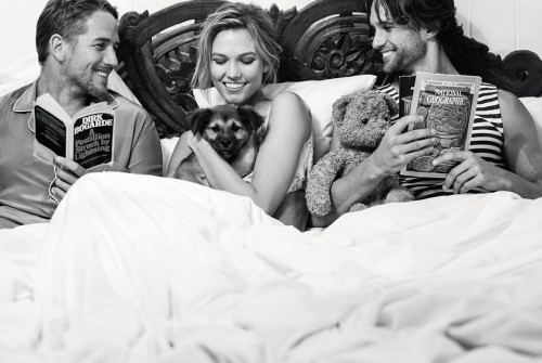 Karlie Kloss with rescue dog, Hollywood, Luke Flynn (son of Errol) LEFT  and model and musician Max. Photo by Bruce Weber, Courtesy PORTER